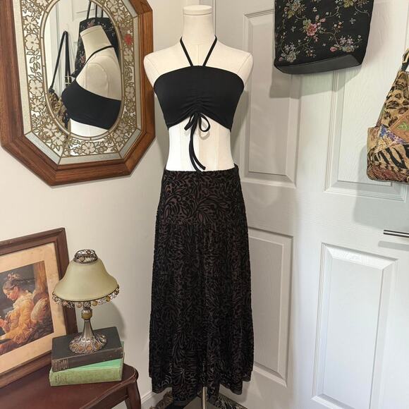 Vocabulary Brown & Black Whimsy Velvet Burnout Tiered Silk Blend Midi Skirt 6/S - Picture 2 of 7